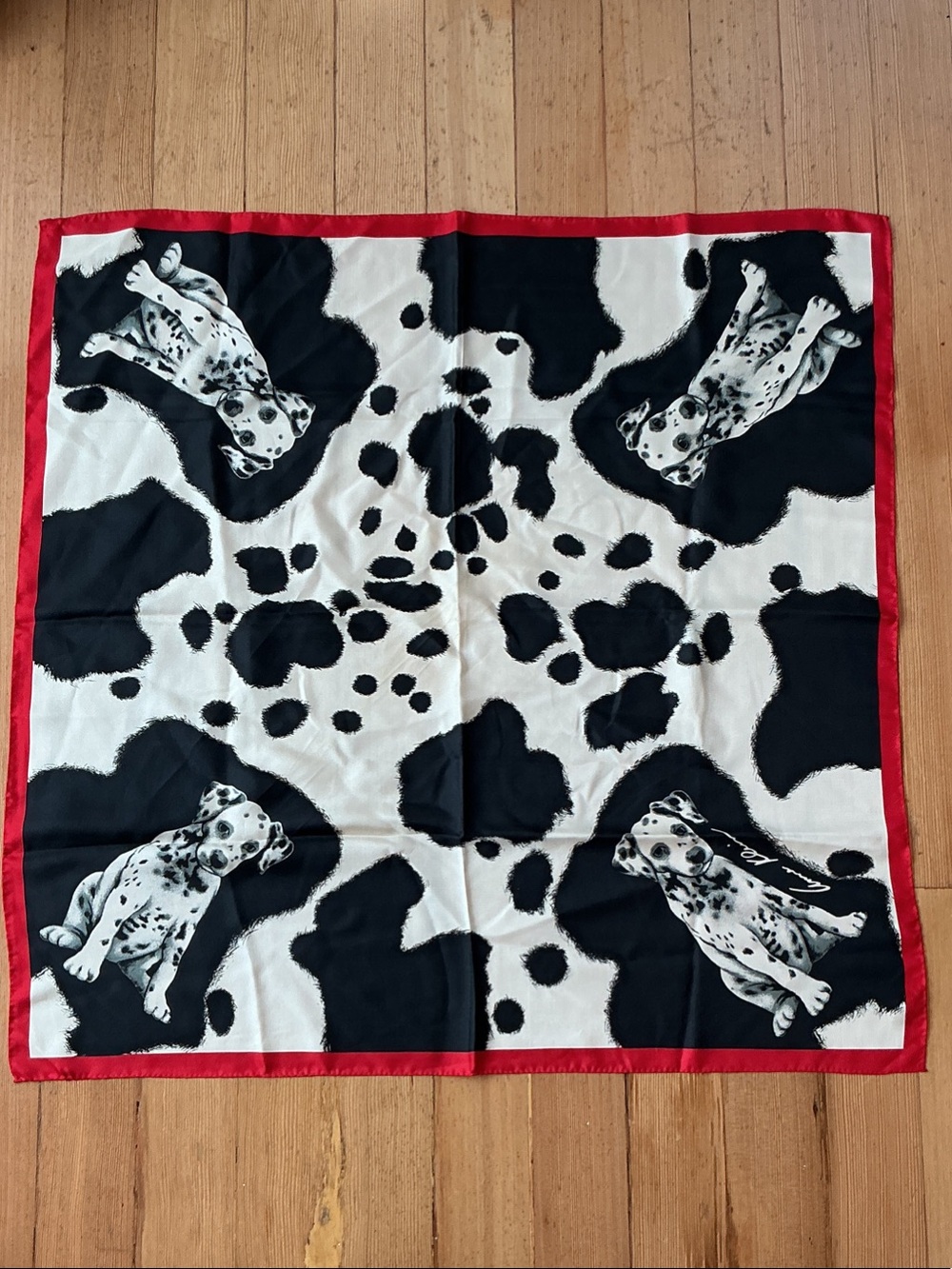 Anne Klein Black and White Dalmatian Print Scarf with Red Border